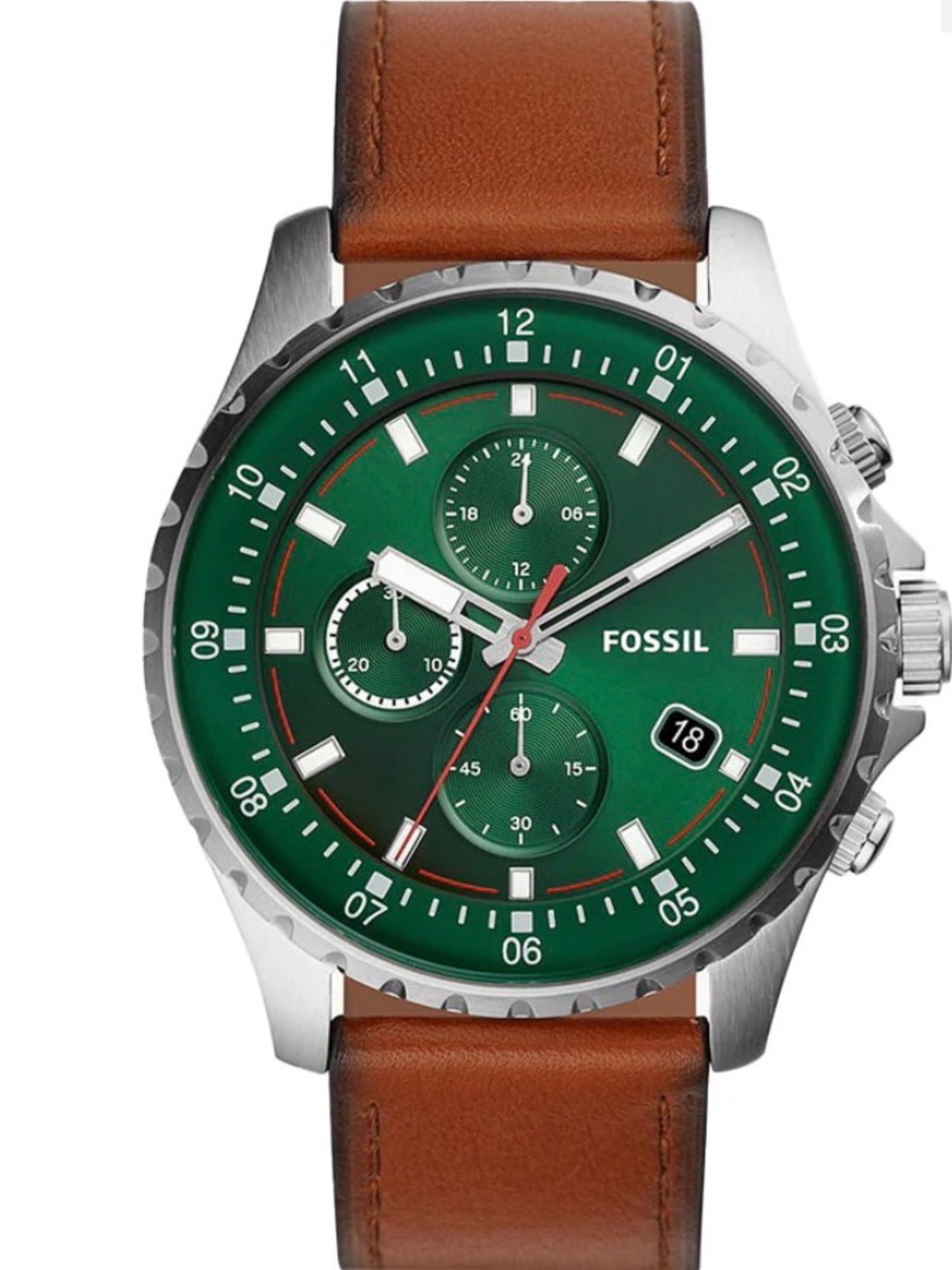 Fossil Green Dial Chronograph with Brown Leather Strap Mens Watch